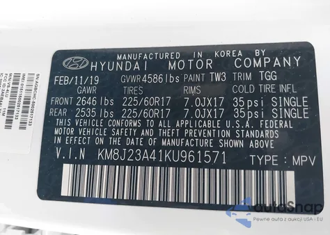 2019 Hyundai Tucson Se z USA, uszkodzony, nr VIN KM8J23A41KU961571